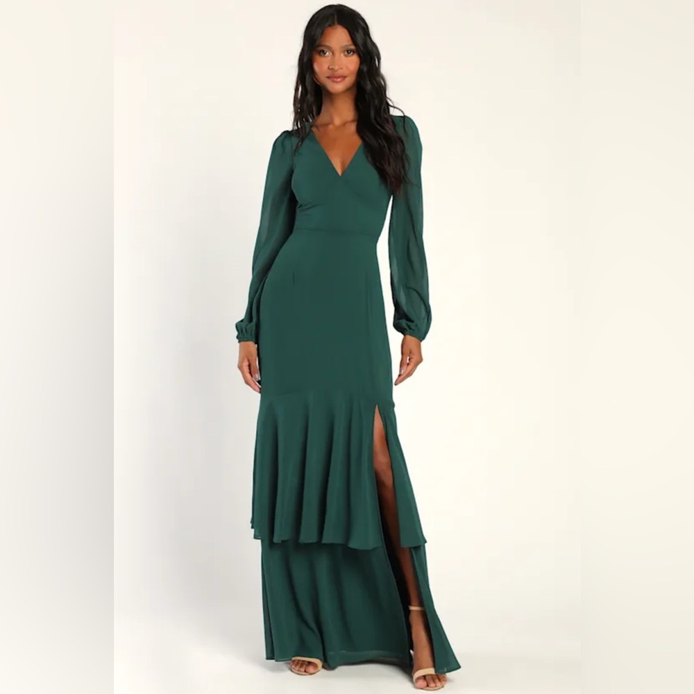 Lulus Tier Elegance Hunter Green Long Sleeve Tiered Maxi Dress